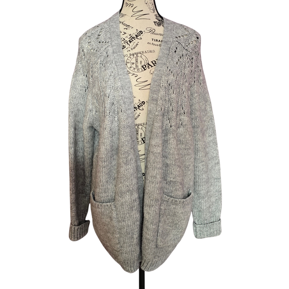 Soft Surroundings Gray Crochet Knit Cardigan Sweater Pockets Large Cottagecore